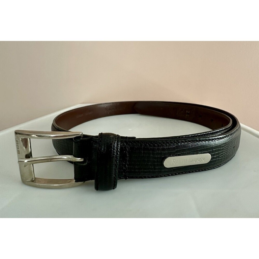 Ralph Lauren Vintage Y2K alligator Print Black Leather Buckle Belt Size 38”